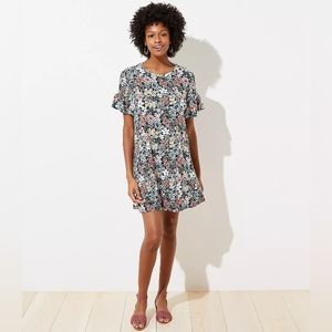 Loft swing dress with short sleeves, black and colorful floral print